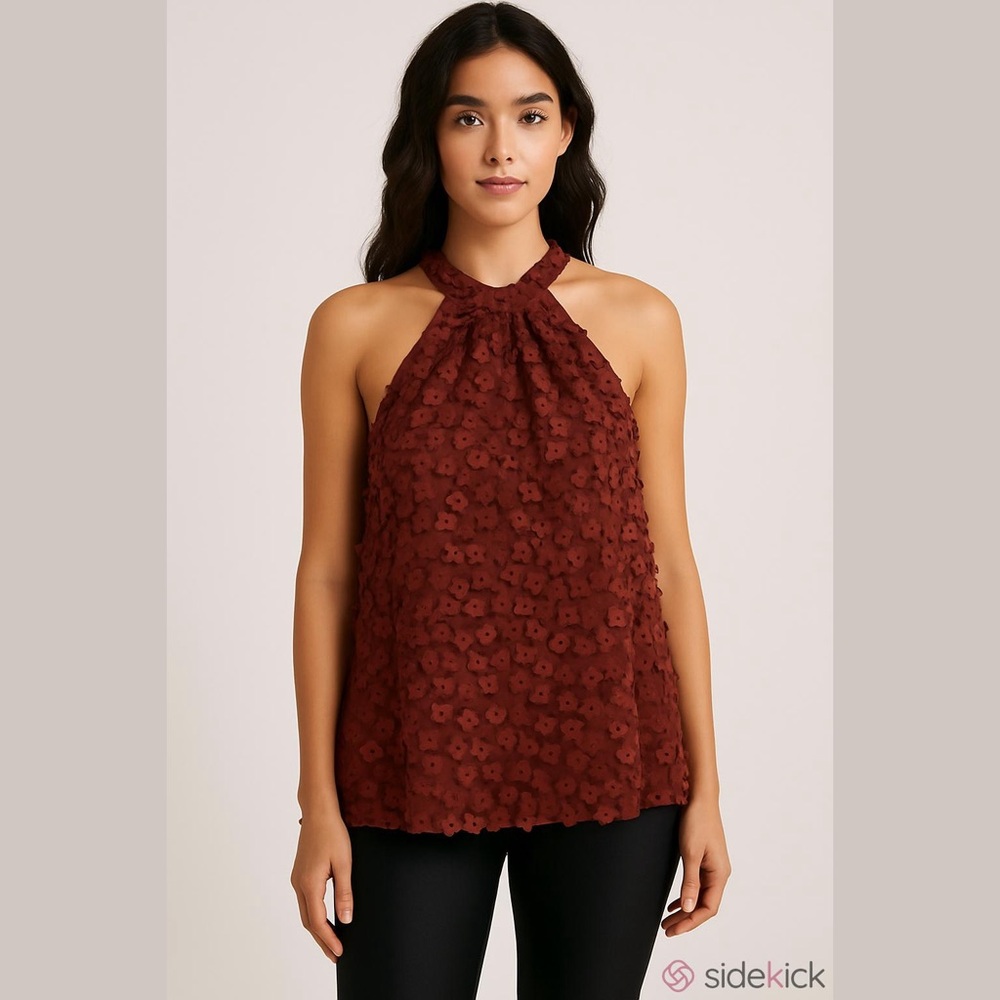 EVA FRANCO with Anthropologie flowing burgundy floral halter top, keyhole back
